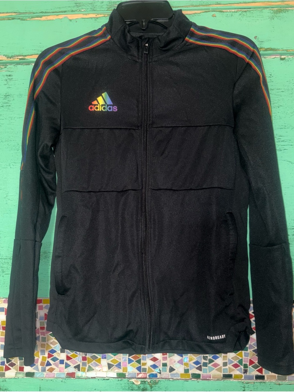 adidas Black Track Jacket with Rainbow Logo and Shoulder Stripes
